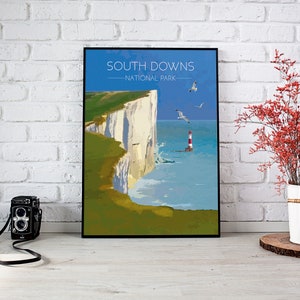 South Downs National Park Poster, Travel Print, Seaside Art, Seven Sisters, Sussex, UK, Vintage, Beachy Head Lighthouse, Brighton Beach Gift image 2