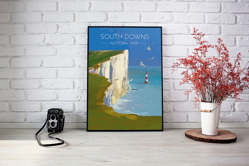 South Downs National Park Poster, Travel Print, Seaside Art, Seven Sisters, Sussex, UK, Vintage, Beachy Head Lighthouse, Brighton Beach Gift image 2