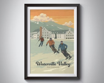 Póster de viaje de la estación de esquí Waterville Valley, New Hampshire, tabla de snowboard, impresión vintage, Bosque Nacional de las Montañas Blancas, área de esquí, mapa de senderos