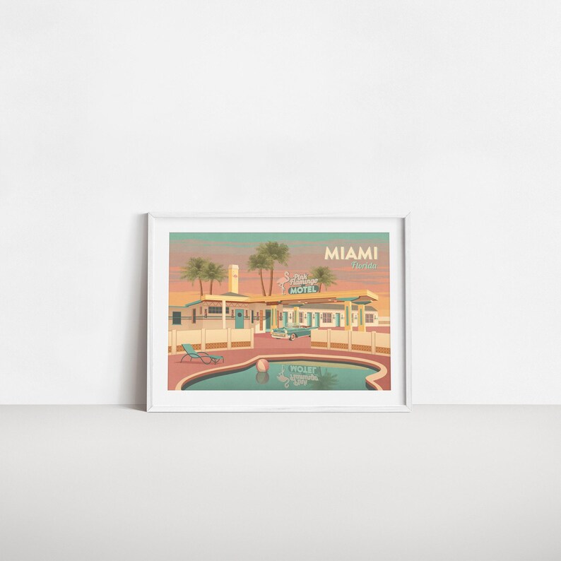 Miami Florida Reise Poster, USA, Retro Miami Druck, Vintage Hottel Art, Americana, Route 66, Nationalpark Poster, Spring Break, Magic City Bild 4