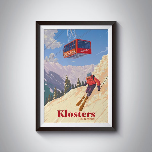 Klosters Ski Resort Poster, Swiss Alps, Switzerland Skiing Print, Ski Lift Art, Davos, Vintage Print, Retro Ski Poster, Skiing Gift, Skiers
