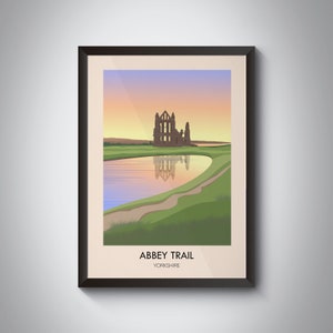 Abbey Trail Hiking Poster, Yorkshire Dales Abbey Way Print, Hiking Trail, Kirkstall, Fountains, Rievaulx, Lastingham, Rosedale, Whitby Abbey
