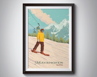 Mayrhofen Snowboarding Poster, Tyrol Austria, Skiing Print, Mountains, Zillertal Valley, Alps, Ski Season, Ski Resort, Tirol, Vintage, Art