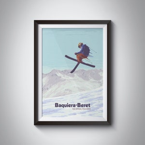 Baqueira-Beret Ski Resort Poster, Pyreneeën Spanje, Vintage Ski Print, Travel Poster, Snowboarden Val d'Aran Àneu Valleien, Ingelijst