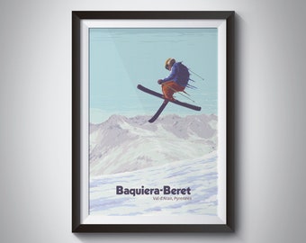 Baqueira-Beret Ski Resort Poster, Pyrenees Mountains Spain, Vintage Ski Print, Travel Poster, Snowboarding Val d'Aran Àneu Valleys, Framed