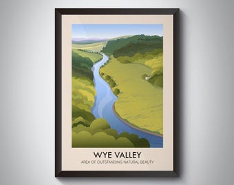 Póster de viaje del valle de Wye (AONB), Inglaterra, Gales, Gloucestershire, Herefordshire, Monmouthshire, río Wye, impresión de viaje vintage, Hay on Wye