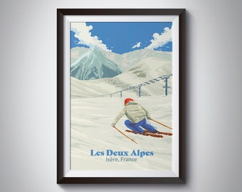 Les Deux Alpes Ski Resort Poster, Französische Alpen, Frankreich, Vintage Skiing Print, Ski Decor, Snowboarding, Isere, Geschenk für Skifahrer, Chamonix, Art