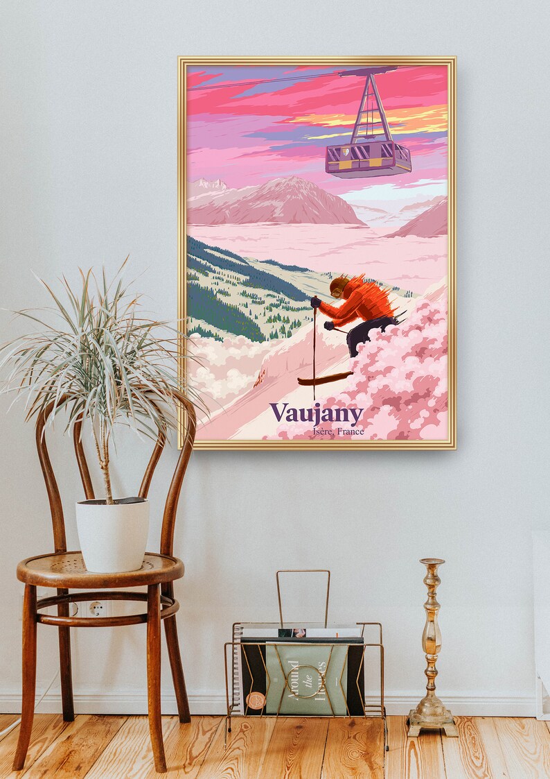 Vaujany Ski Resort Poster, French Alps, France, Vintage Skiing Print, Snowboarding, Isere, Gift Skier, Alpe d'Huez, Oz, Ski Wall Art Decor image 4