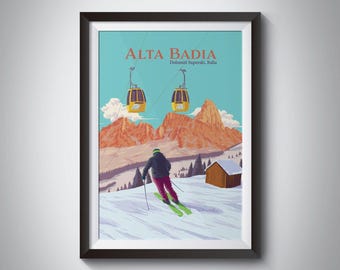 Alta Badia Ski Resort Poster, Italy Skiing Print, Vintage Travel Poster, Dolomiti Superski, Dolomites, Italian Art, Sella Ronda, Skiing Gift