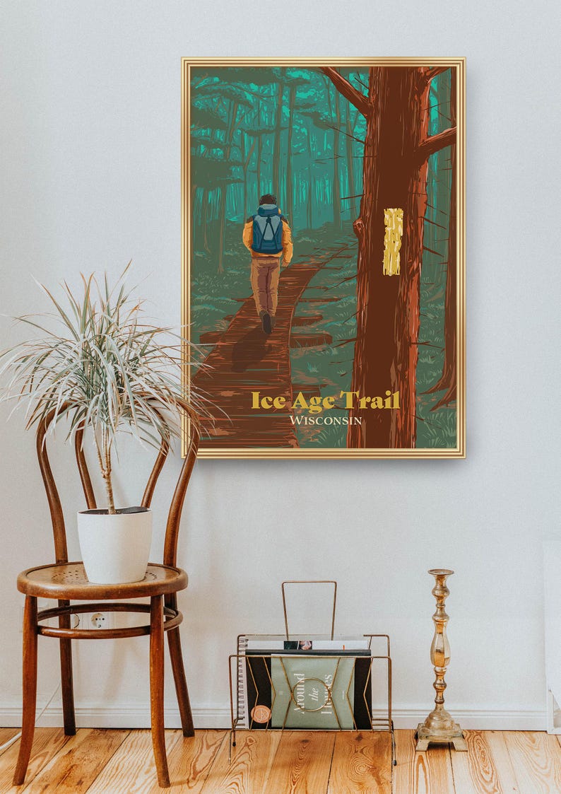 Póster de la Ruta de la Edad de Hielo de Wisconsin, Impresión de viaje por EE. UU., Senderismo de larga distancia, Senderismo de larga distancia, Apalaches, Cresta del Pacífico, John Muir, Mochilero, Senderismo imagen 4