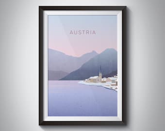 Austria Minimal Travel Poster, Austrian Alps, Hallstatt Travel Print, Countryside, Nature, Salzburg, Vienna, Europe, Innsbruck, Framed Art