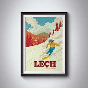 Lech Ski Resort Poster, Austria Skiing Print, Vorarlberg, Alps, Vintage, Retro, St Anton, Mountains, Seasonaire, Art