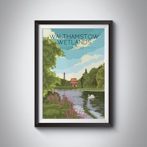 Plakat Walthamstow Wetlands, London Park, wydruk podróżny, bagna Walthamstow, Waltham Forest, sztuka ścienna East London, Lee Valley, Stratford