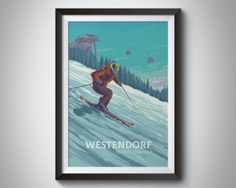 Westendorf Ski Resort Poster, Skiwelt Austria, Brixen Valley, Kitzbuhel, Vintage Ski Print, Snowboarding, Ski Austria, Brixental, Tyrol