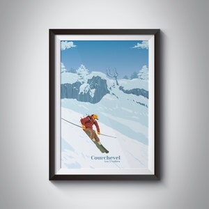Courchevel Poster, Ski Resort Print, Skiing, Retro, Vintage Artwork, French Alps, Mountain Wall Art, Winter Season, Fork Tree, Off Piste