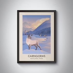 Cairngorms National Park Poster, Vintage Travel Poster, Retro Railway Print, Reindeer, Scotland, Scottish Highlands, Hiking, Wall Art Decor