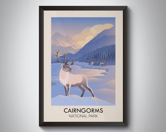 Cairngorms National Park Poster, Vintage Travel Poster, Retro Railway Print, Reindeer, Scotland, Scottish Highlands, Hiking, Wall Art Decor