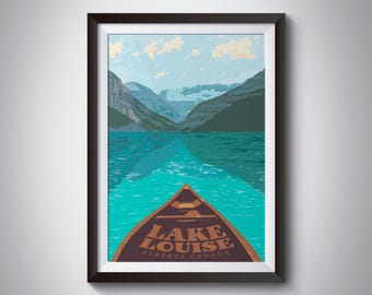 Lake Louise Poster, Canada, Banff National Park, Alberta, Canadian Rockies, Retro Print, Travel Poster, Rocky Mountains, Canoeing, Canoe