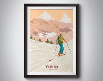 Verbier Ski Resort Poster, Switzerland, Swiss Alps, Vintage Skiing Print, Retro, Wall Art, Snowboarding, Valais, St Anton, Saalbach, Ischgl