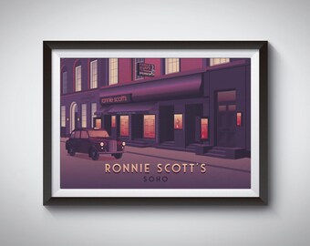 Lámina artística de Ronnie Scott, póster de viaje al Soho de Londres, club de jazz, sala de blues, cafetería de jazz, West End, arte mural retro, concierto, obra de arte enmarcada