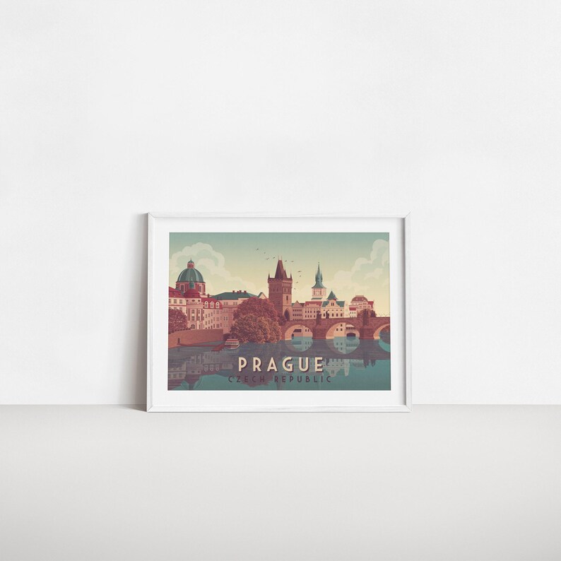 Prague Travel Poster, Czech Republic, Charles Bridge, Vltava River, Gothic Architecture, Vintage Travel Print, Eastern Europe, Interrail image 4