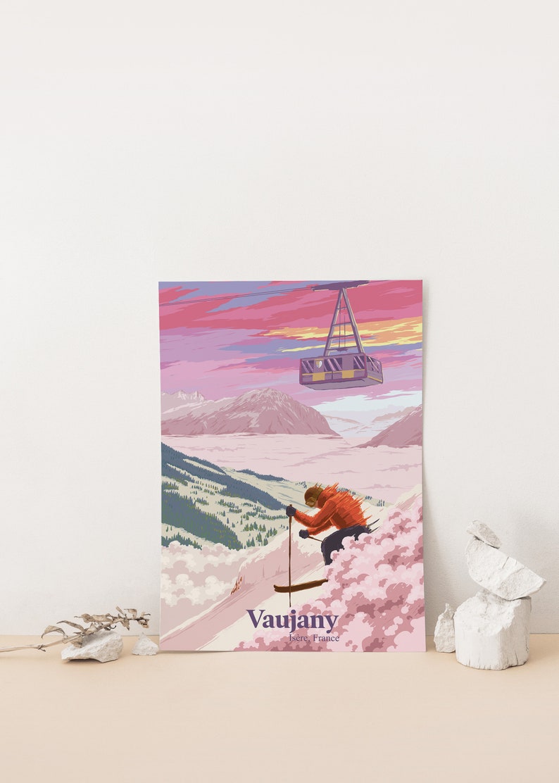 Vaujany Ski Resort Poster, French Alps, France, Vintage Skiing Print, Snowboarding, Isere, Gift Skier, Alpe d'Huez, Oz, Ski Wall Art Decor image 2