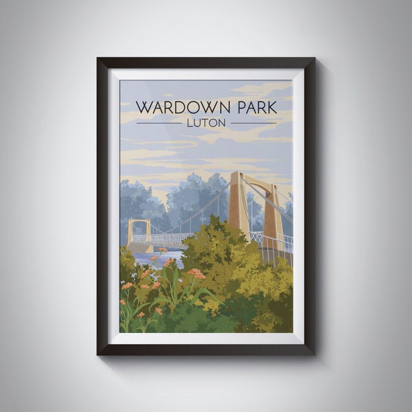 Wardown Park Poster, Luton Travel Print, River Lea, Bedfordshire, Wardown Park Museum, Suspension Bridge, Retro Luton Gift, Framed Print