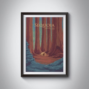 Sequoia National Park Travel Poster, California, Giant Sequoia Tree, Redwood Forest, Sierra Nevada, General Sherman, Vintage USA Wall Art