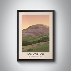 Reisposter Ben Vorlich Munros van Schotland, Loch Earn, Loch Lubnaig, Callander, Schotse Hooglanden, vintage reisafdruk, wandelcadeau, kunst