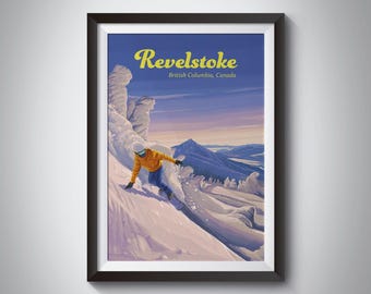 Revelstoke Snowboarding Poster, British Columbia Canada Travel Poster, Mountain Resort, Ski Resort, Framed Print, Vintage Ski Poster Art