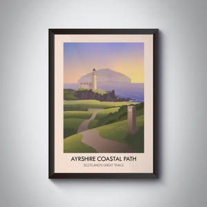 Ayrshire Coastal Path Poster, Scotland&#39;s Great Trails, Mull of Galloway Trail, Travel Print, Hiking, Turnberry Lighthouse, Ailsa Craig, Art