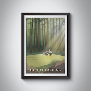 Geocaching konsttryck, Cacher, Utomhusaktiviteter, Vintage reseaffisch, Letterboxing Hobby, GPS, Vandring konstverk, Retro väggkonst, Natur