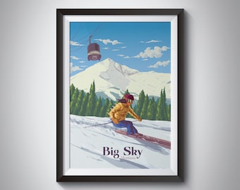 Big Sky Ski Resort Poster, Big Sky Montana Print, Skifahren Kunst, Snowboarden, Vintage Ski Print, Rocky Mountains, Ski Karte, Yellowstone, Vail