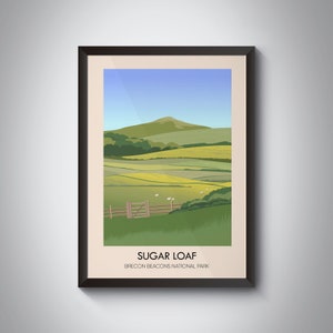 Sugar Loaf Brecon Beacons National Park Wales Travel Poster, Monmouthshire Wales, Black Mountains, Abergavenny, Vintage Travel Print, Gift