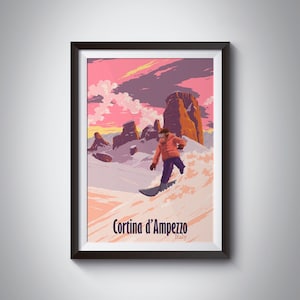 Cortina d&#39;Ampezzo Snowboarding Poster, Italy Skiing Print, Vintage Travel Poster, Dolomiti, Dolomites, Italian Art, Ski Resort, Skiing Gift