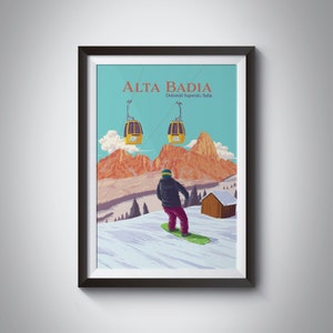 Plakat Alta Badia Snowboarding, Włochy Narciarstwo Wydruk, Plakat Vintage Travel, Ośrodek Narciarski Dolomiti Superski, Dolomity, Włoski Wydruk Ścienny