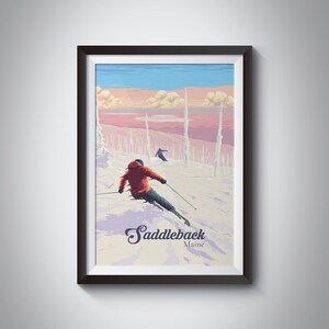 Cartel de viaje de la estación de esquí de Saddleback Maine, impresión de esquí de EE. UU., obras de arte vintage, snowboard, zona de esquí, montaña Saddleback, impresión enmarcada, arte