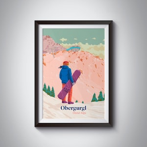 Obergurgl Snowboarding Poster, Hochgurgl Austria, Vintage Skiing Print, Retro, Otztal Alps, Tyrol, Skier, Solden, Ischgl, Ski Resort, Snow