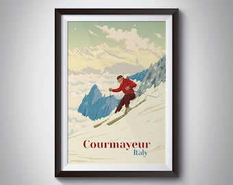 Courmayeur Ski Resort Poster, Italy Skiing Print, Travel Poster, Italian, Vintage, Tour du Mont Blanc, SkyWay Monte Bianco, Vallée d'Aoste