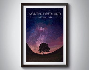 Northumberland National Park Poster, Sycamore Gap Tree, Travel Print, Hadrians Wall Print, Vintage Wall Art, Travel Poster, Gift, UK Travel