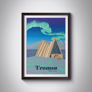 Tromso Norway Poster, Retro Travel Print, Vintage Art, Northern Lights, Aurora Borealis, Arctic Cathedral, Norwegian Fjords, Midnight Sun