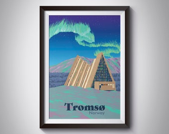 Tromso Norway Poster, Retro Travel Print, Vintage Art, Northern Lights, Aurora Borealis, Arctic Cathedral, Norwegian Fjords, Midnight Sun