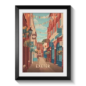 Exeter Devon-reisposter, Gandy Street Travel-print, architectuurmuurkunst, ingelijste print, Devon Seaside-poster, Exeter University, cadeau