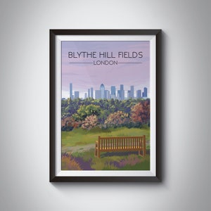 Blythe Hill Fields Poster, London Lewisham, Canary Wharf, South East London, Vintage Travel Print, Retro London Gift, Framed Print, Artwork