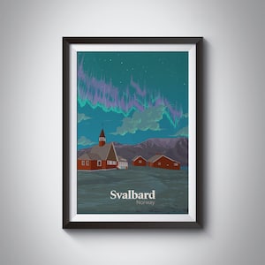 Svalbard Travel Poster, Norway Art Print, Longyearbyen, Arctic Circle, Northern Lights, Scandinavian Wall Art, Scandi Decor, Spitsbergen