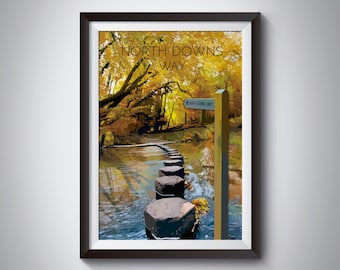 North Downs Way Print, National Trail Poster, National Park, Retro Travel Poster, Hiking Trail Gift, Surrey, Box Hill, Stepping Stones, Art