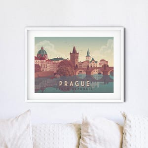 Prague Travel Poster, Czech Republic, Charles Bridge, Vltava River, Gothic Architecture, Vintage Travel Print, Eastern Europe, Interrail image 2