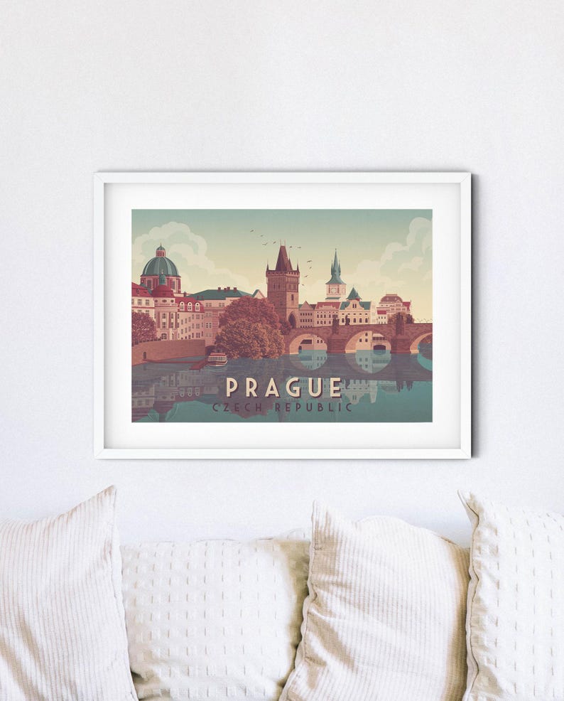 Prague Travel Poster, Czech Republic, Charles Bridge, Vltava River, Gothic Architecture, Vintage Travel Print, Eastern Europe, Interrail image 2