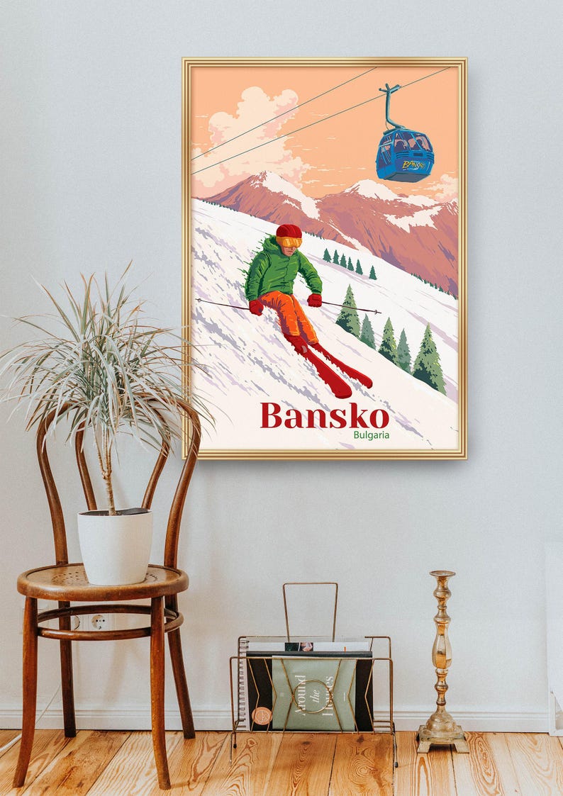 Bansko Bulgaria Ski Resort Poster, Travel Poster, Wall Art, Snowboarding, Vintage Skiing Print, Retro Ski Artwork, Gift for Skier, Mountains image 4