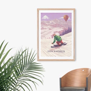 Cartel de la estación de esquí de Les Saisies, Francia, Espace Diamant, Hauteluce, Alpes franceses, Saboya, Albertville, Vintage Travel Print, Snowboard Art imagen 3